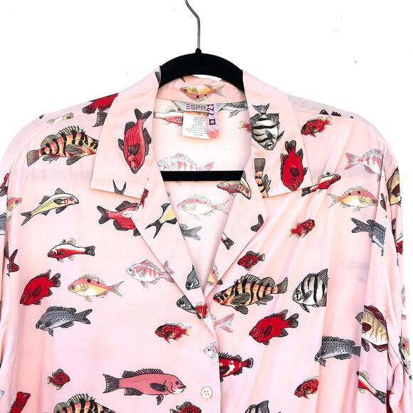 Vintage Esprit Fish Print Button Down Quirky Artsy Shirt Medium Rayon - Picture 5 of 8